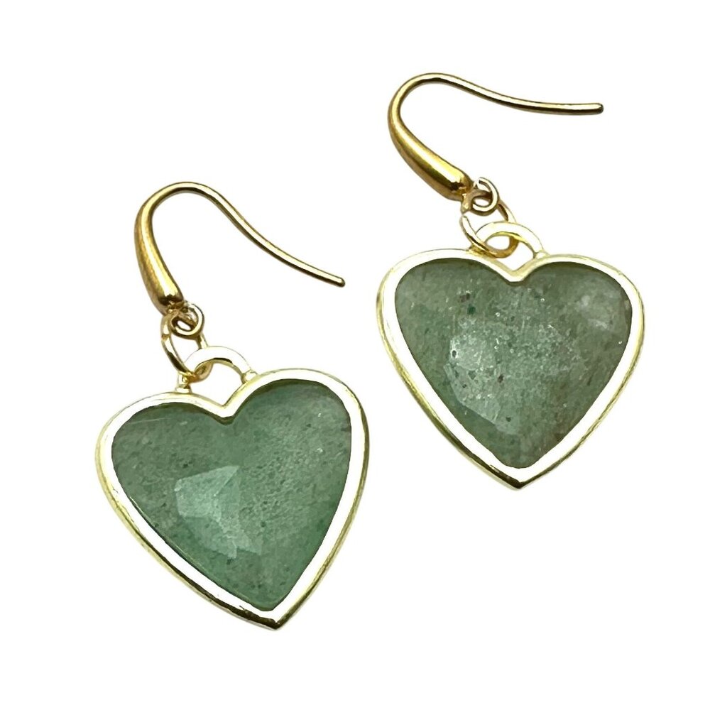 Green Aventurine Gemstone Heart Gold Plated Earrings Pierced Chandelier